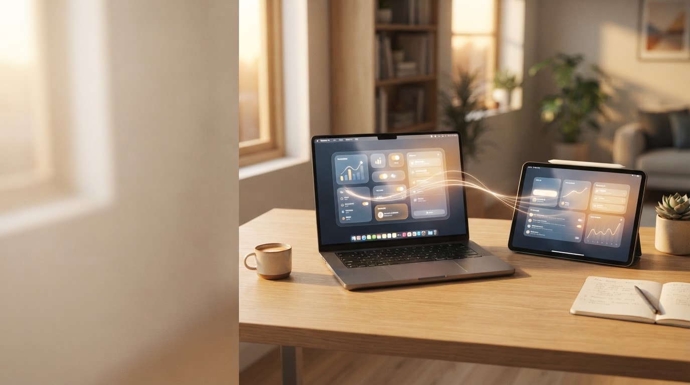 A laptop and a tablet on a wooden desk, both showing connected dashboards in warm daylight